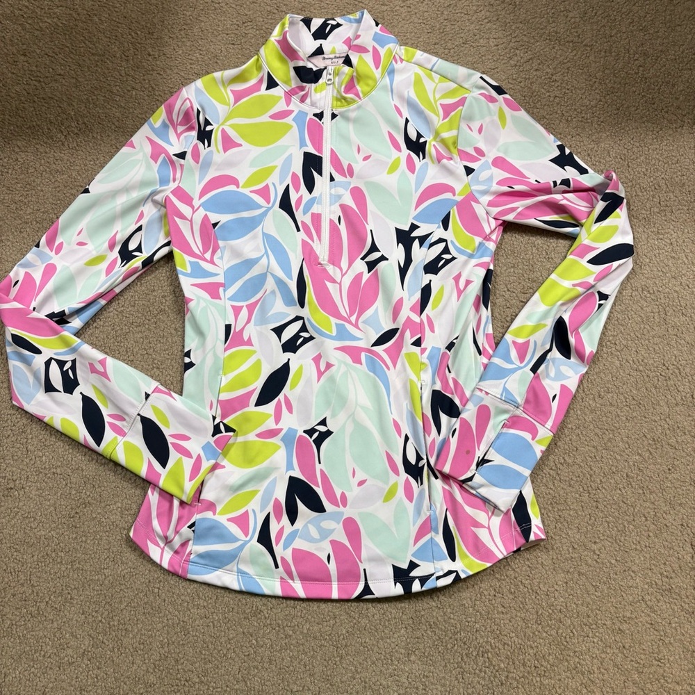Tommy Bahama Pink and Blue Leaf Print Long Sleeve Quarter Zip